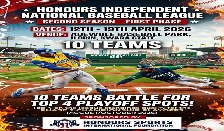 Season 2 of Honours independent national baseball league  coming up on the 12 - 19, 2026